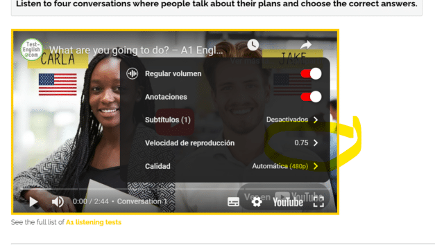 Ajuste de velocidad en YouTube para practicar el listening en inglés